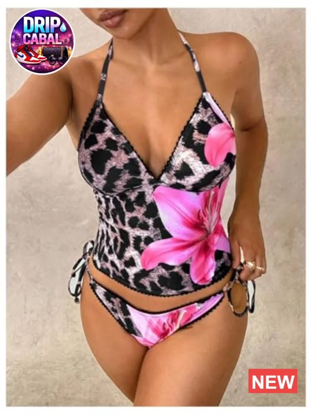 Women's 2 Piece Leopard Floral Tankini Set Halter Tie Side String Bathing Suits